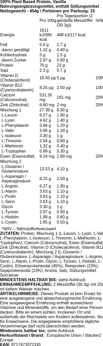 Produktetikett — 100% Plant Based Protein, Vanilla - 454g (PB 122598)