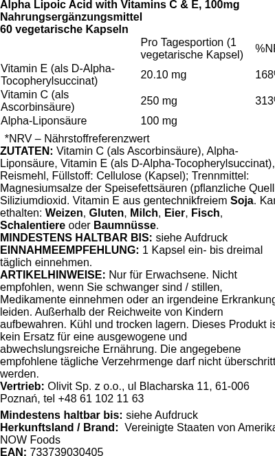 Produktetikett — Alpha Lipoic Acid with Vitamins C & E,  100mg - 60 vcaps (PB 78519)