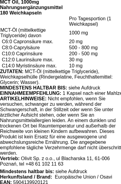 Produktetikett — MCT Oil, 1000mg - 180 softgels (PB 105730)