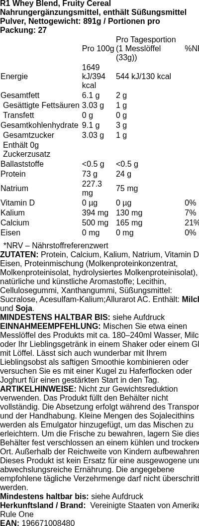 Produktetikett — R1 Whey Blend, Fruity Cereal - 891g (PB 114000)