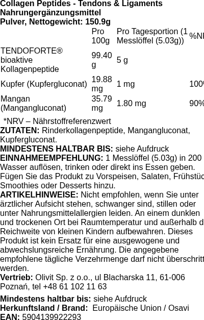 Produktetikett — Collagen Peptides - Tendons & Ligaments - 150.9g (PB 111934)