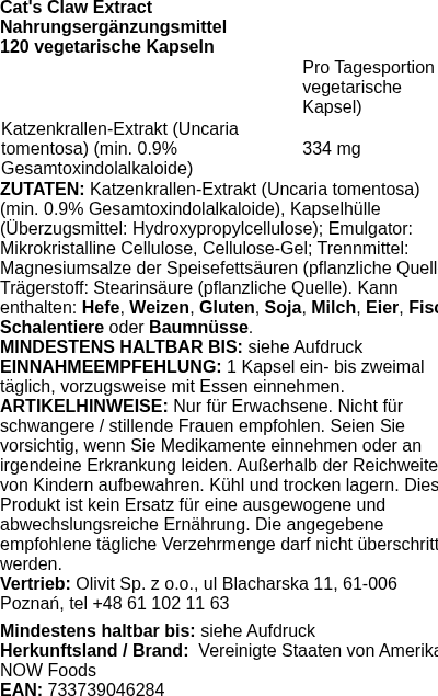 Produktetikett — Cat's Claw Extract - 120 vcaps (PB 64285)