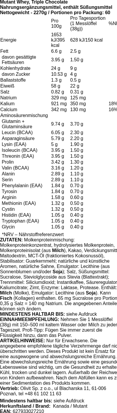 Produktetikett — Mutant Whey, Triple Chocolate - 2270g (PB 3937)
