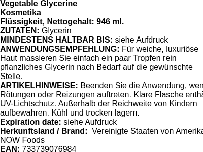 Produktetikett — Vegetable Glycerine - 946 ml. (PB 99434)