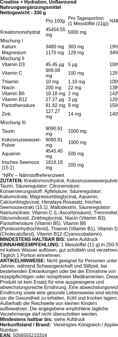 Produktetikett — Creatine + Hydration, Unflavoured - 330g (PB 126763)