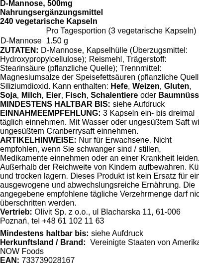 Produktetikett — D-Mannose, 500mg - 240 vcaps (PB 91402)