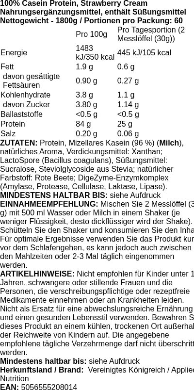 Produktetikett — 100% Casein Protein, Strawberry Cream - 1800g (PB 123879)
