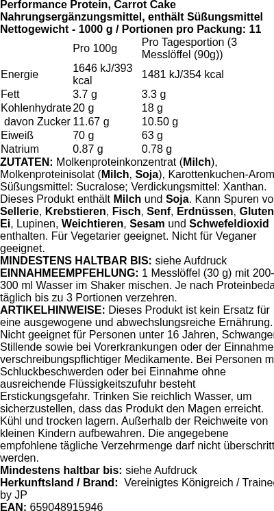 Produktetikett — Performance Protein, Carrot Cake - 1000g (PB 334929)