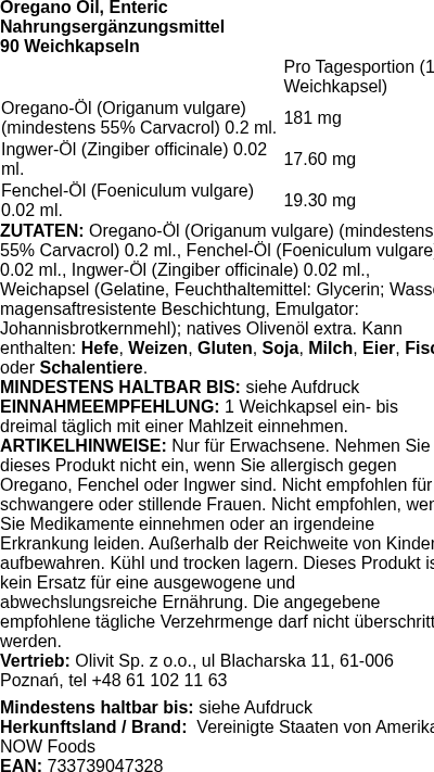 Produktetikett — Oregano Oil, Enteric - 90 softgels (PB 72369)