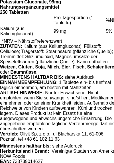 Produktetikett — Potassium Gluconate, 99mg - 250 tablets (PB 10462)