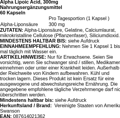 Produktetikett — Alpha Lipoic Acid, 300mg - 60 caps (PB 85808)