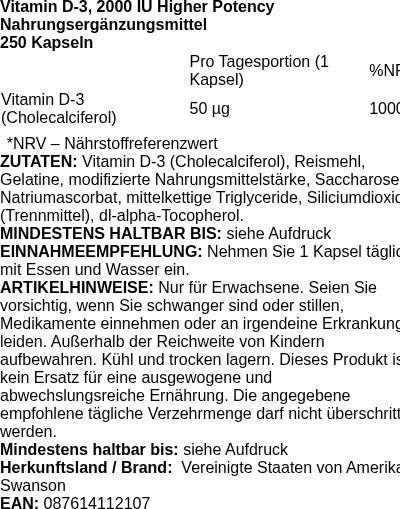 Produktetikett — Vitamin D-3, 2000 IU - 250 caps (PB 85646)