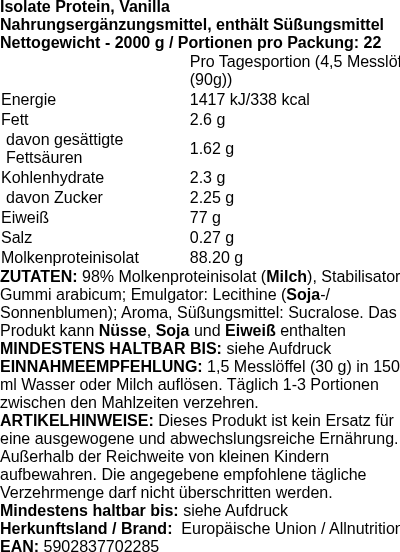 Produktetikett — Isolate Protein, Vanilla - 2000g (PB 82971)