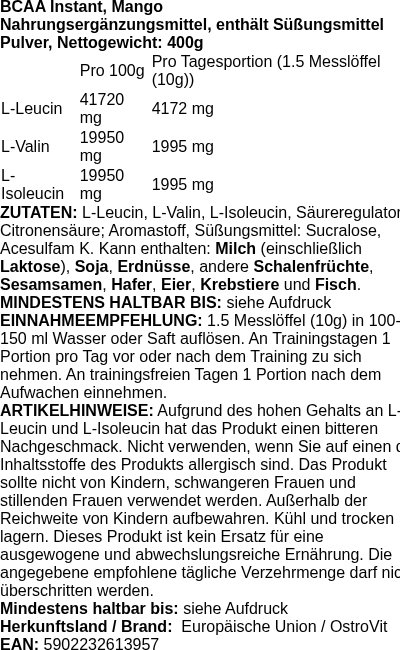 Produktetikett — BCAA Instant, Mango - 400g (PB 124251)