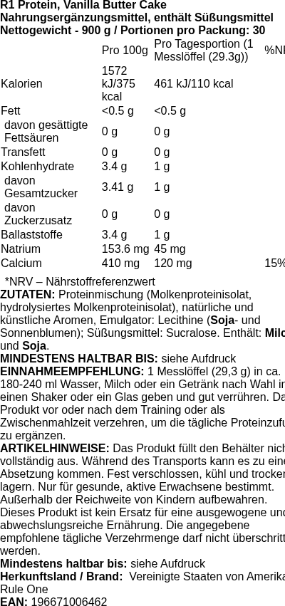 Produktetikett — R1 Protein, Vanilla Butter Cake - 900g (PB 110853)