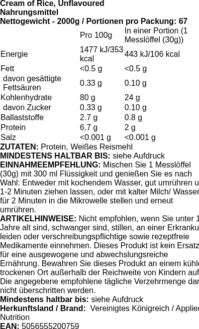 Produktetikett — Cream of Rice, Unflavoured - 2000g (PB 110191)
