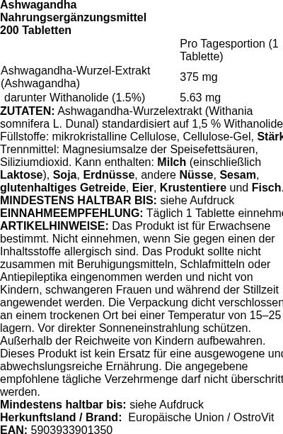 Produktetikett — Ashwagandha - 200 tablets (PB 126072)