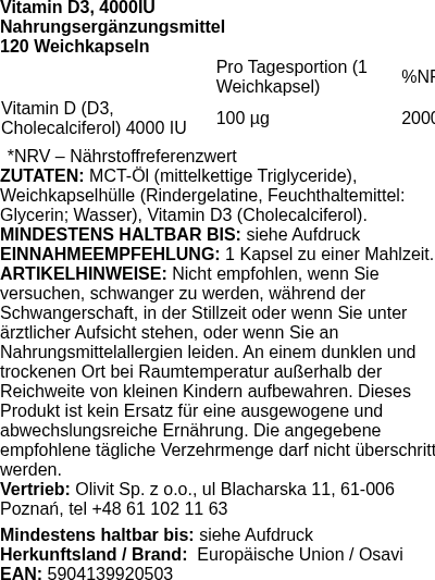 Produktetikett — Vitamin D3, 4000IU - 120 softgels (PB 105748)