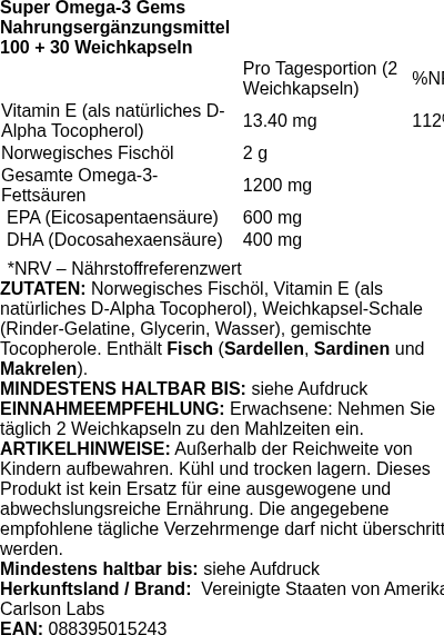 Produktetikett — Wild Caught Super Omega-3 Gems, 1200mg - 100 + 30 softgels (PB 88218)