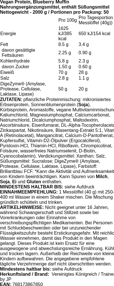 Produktetikett — Vegan Protein, Blueberry Muffin - 2000g (PB 118732)