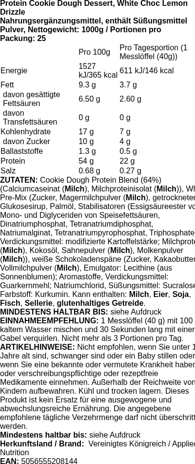Produktetikett — Protein Cookie Dough Dessert, White Choc Lemon Drizzle - 1000g (PB 122657)