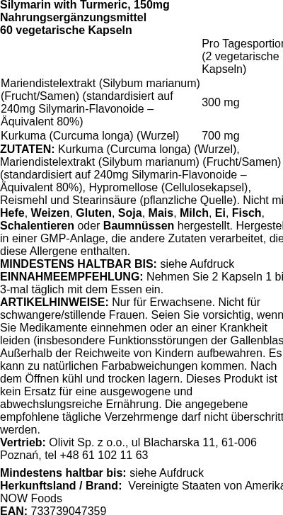 Produktetikett — Milk Thistle Extract with Turmeric, 150mg - 60 vcaps (PB 72683)