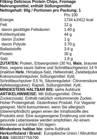 Produktetikett — Fitking Delicious Protein Chips, Fromage - 60g (PB 126468)
