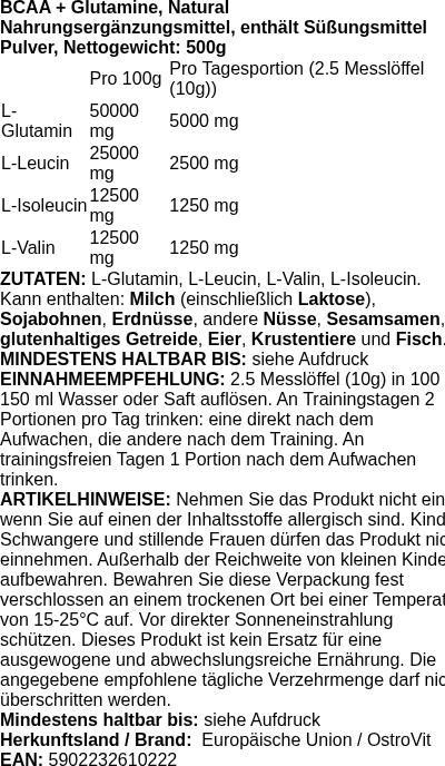 Produktetikett — BCAA + Glutamine, Natural - 500g (PB 124445)