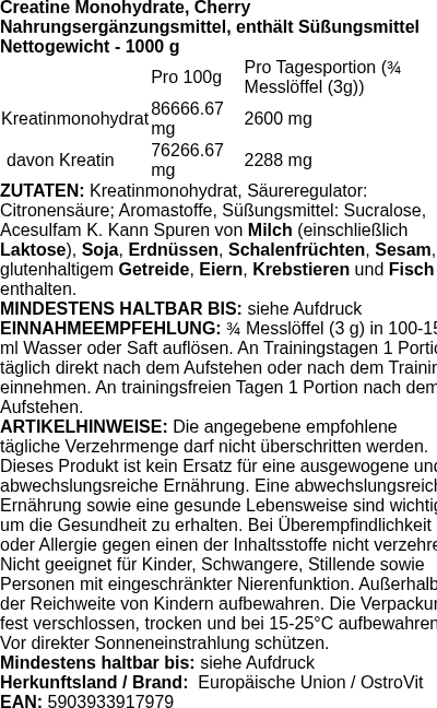 Produktetikett — Creatine Monohydrate, Cherry - 1000g (PB 126311)