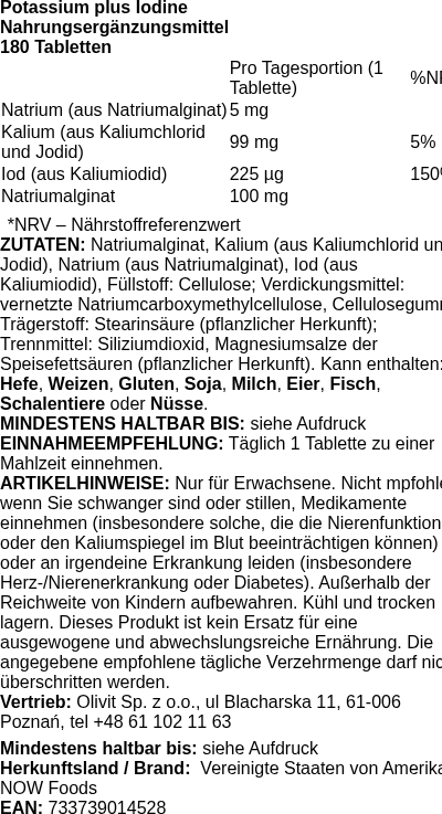 Produktetikett — Potassium plus Iodine - 180 tabs (PB 10452)