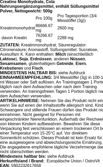 Produktetikett — Creatine Monohydrate, Cola - 500g (PB 124428)