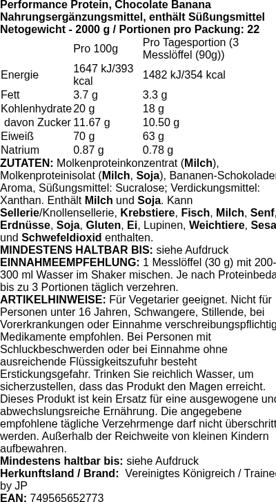 Produktetikett — Performance Protein, Chocolate Banana - 2000g (PB 125229)