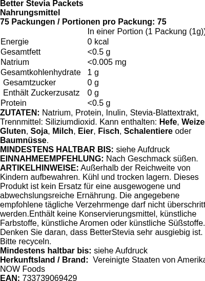 Produktetikett — Better Stevia Packets - 75 packets (PB 71269)