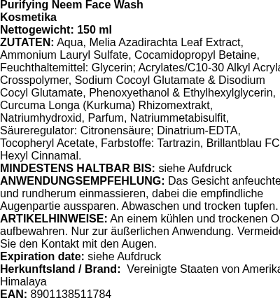 Produktetikett — Purifying Neem Face Wash - 150 ml. (PB 101962)