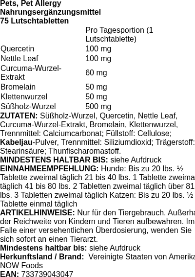 Produktetikett — Pets, Pet Allergy - 75 chewable tablets (PB 83270)