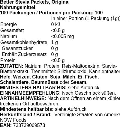 Produktetikett — Better Stevia Packets, Original - 100 packets (PB 7572)