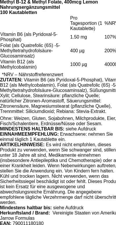 Produktetikett — Methyl B-12 & Methyl Folate, Lemon - 100 chewable tabs (PB 86249)