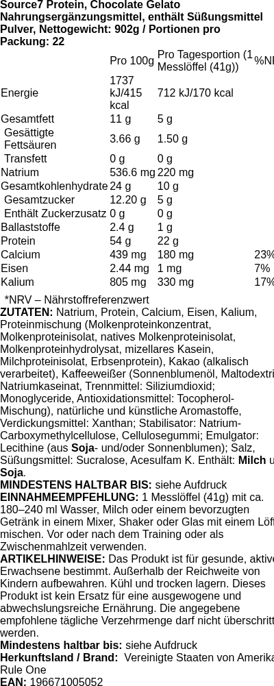 Produktetikett — Source7 Protein, Chocolate Gelato - 902g (PB 118519)