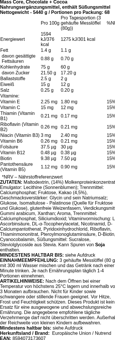 Produktetikett — Mass Core, Chocolate + Cocoa - 5440g (PB 119692)