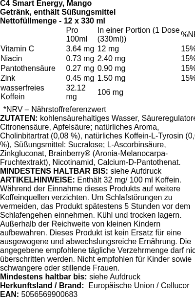 Produktetikett — C4 Smart Energy, Mango - 12 x 330 ml. (PB 115748)