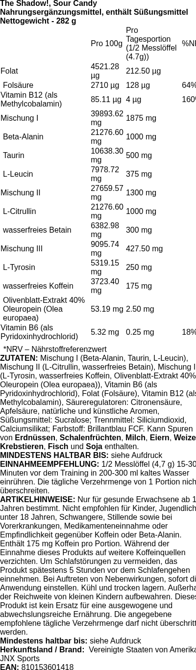 Produktetikett — The Shadow!, Sour Candy - 282g (PB 125928)
