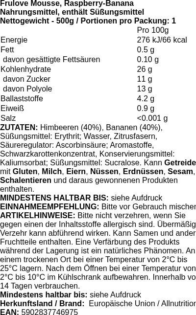 Produktetikett — Frulove Mousse, Raspberry-Banana - 500g (PB 125242)