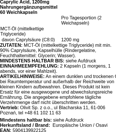 Produktetikett — Caprylic Acid, 1200mg - 60 softgels (PB 113655)