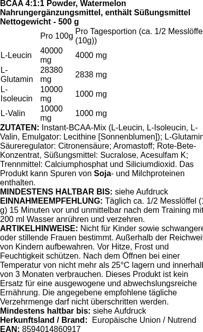 Produktetikett — BCAA 4:1:1 Powder, Watermelon - 500g (PB 113100)