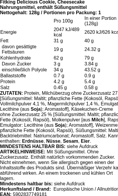 Produktetikett — Fitking Delicious Cookie, Cheesecake - 128g (PB 125642)