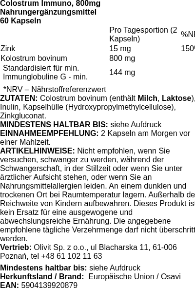 Produktetikett — Colostrum Immuno, 800mg - 60 caps (PB 105726)