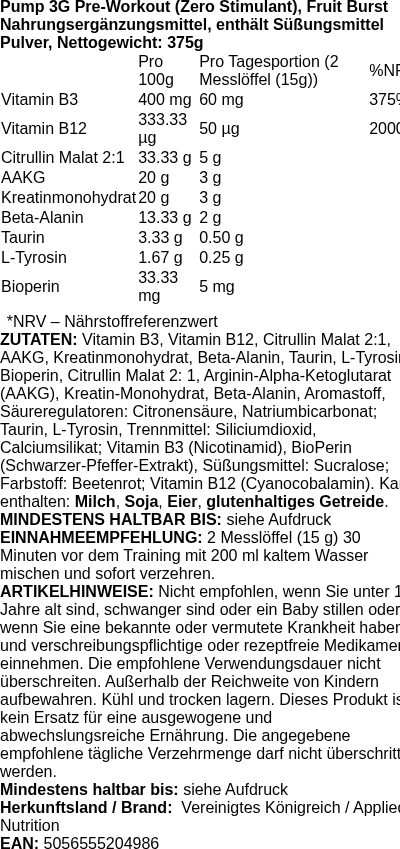 Produktetikett — Pump 3G Pre-Workout (Zero Stimulant), Fruit Burst - 375g (PB 118996)