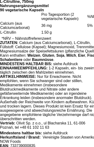 Produktetikett — L-Citrulline, 750mg - 90 vcaps (PB 2438)