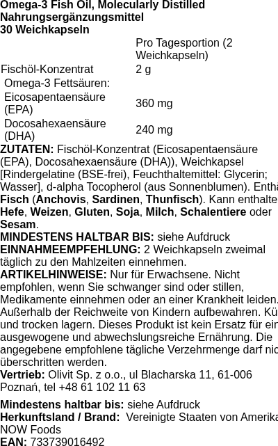 Produktetikett — Omega-3 Fish Oil, Molecularly Distilled - 30 softgels (PB 86631)