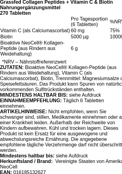 Produktetikett — Grassfed Collagen Peptides + Vitamin C & Biotin - 270 tablets (PB 113767)